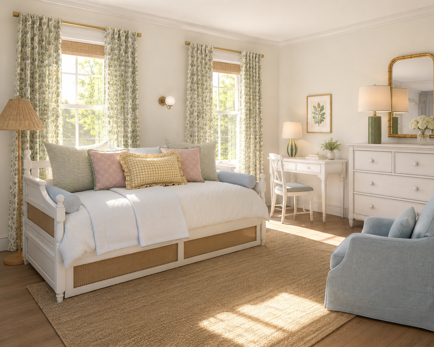 Sunlit guest bedroom with white cane daybed, green block-print drapery, blue and blush pillows and jute rug by H&L Interiors