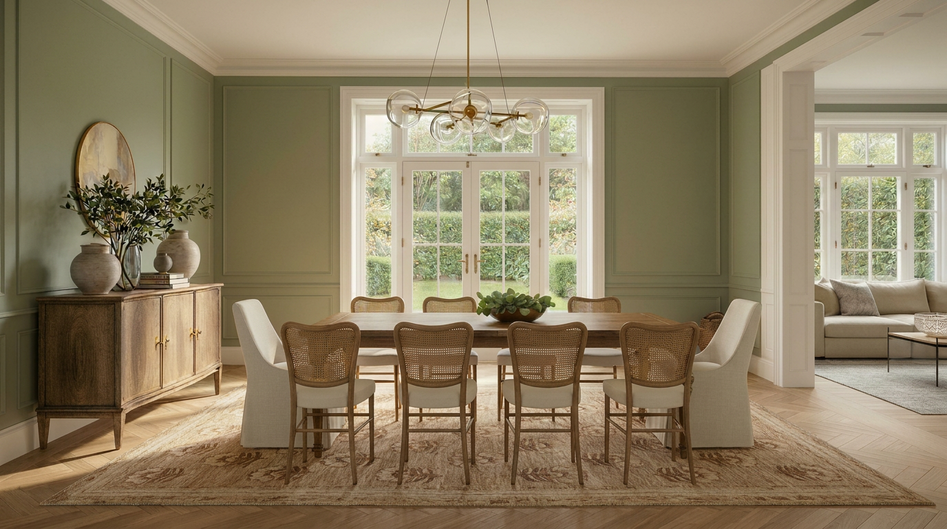Sunlit dining room with sage green paneled walls, oak pedestal table, ivory slipcovered chairs and herringbone wood floors designed by H&L Interiors